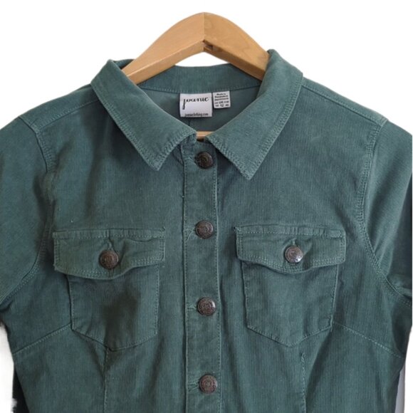 Joanie Clothing Blue Green Corduroy Metal Button Long Sleeve Collared Dress l 8 - Picture 2 of 4